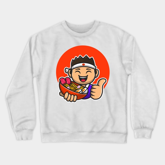 Happy Male Chef Holding Ramen Noodle Cartoon Crewneck Sweatshirt by Catalyst Labs